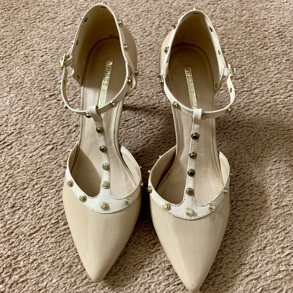 AUDREY BROOKE Rockstud Ankle-Strap Patent Pumps